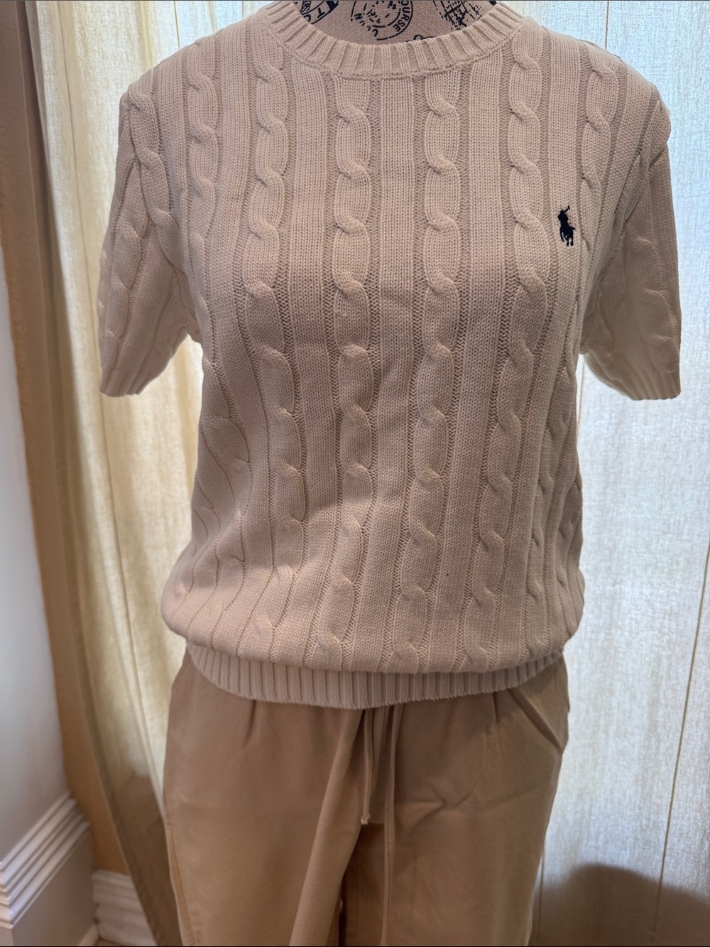 Ralph Lauren white Cable Knit Short Sleeve Sweater with Navy Polo Pony